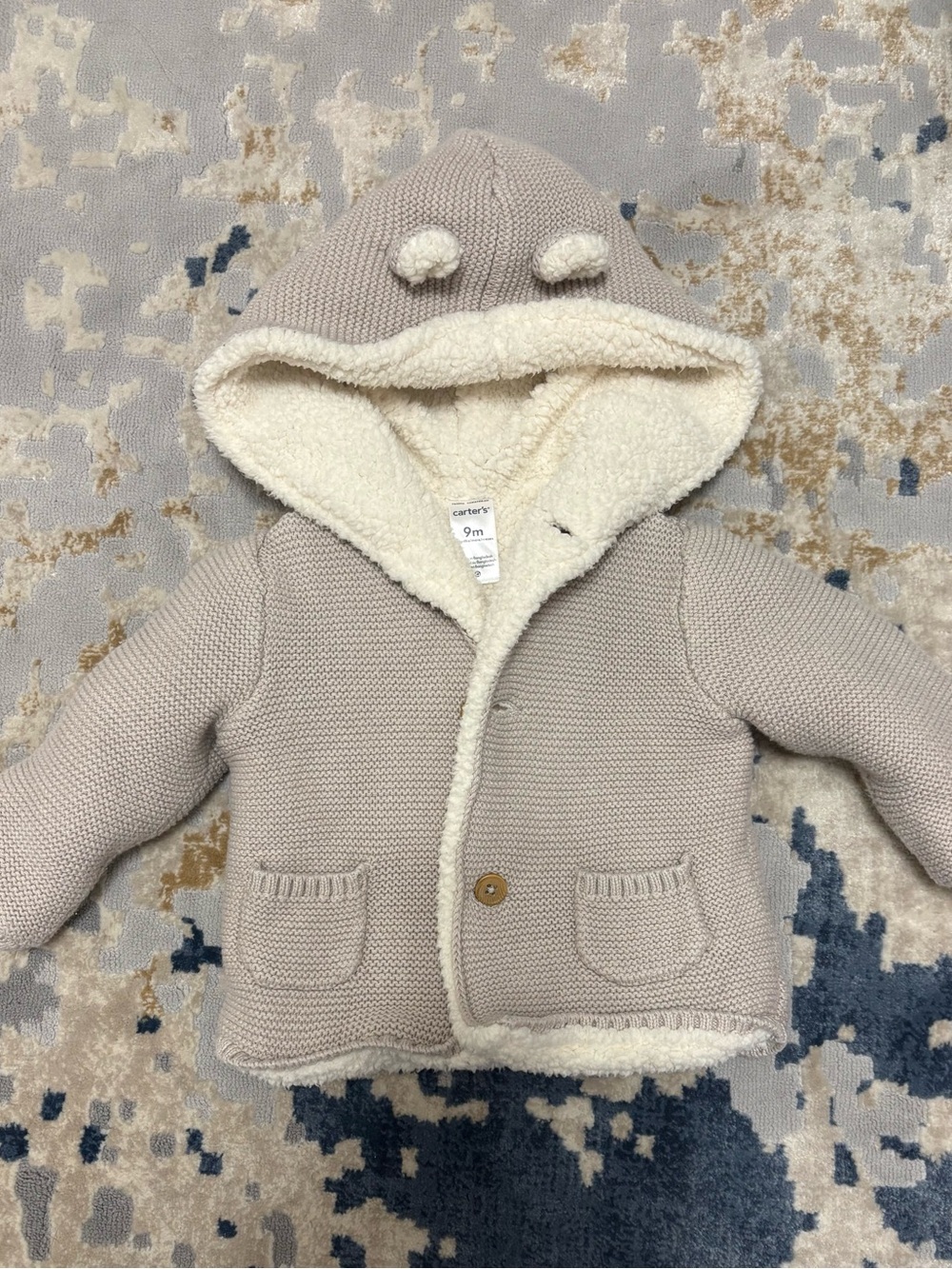 Carter's Beige Knit Hooded Jacket with Cream Sherpa Lining